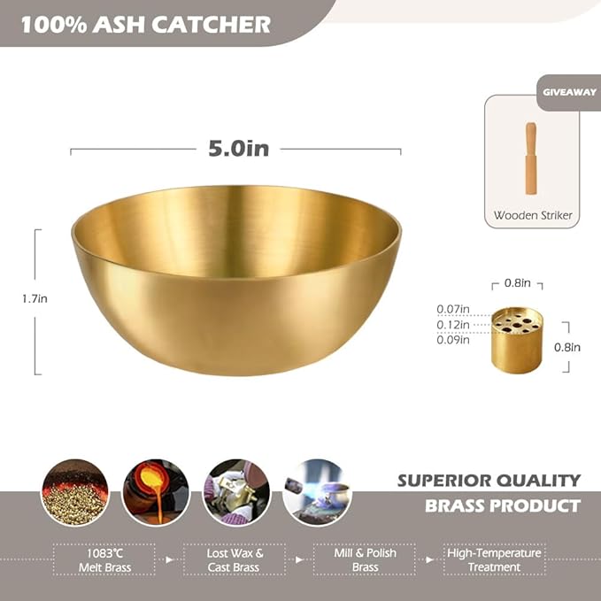 5 Inch Brass Bowl, Incense Holder for Large Sticks/Cones, Small Copper/Gold Decorative Offering Bowl, Sound Bowl, Ash Catcher for Altar, Meditation