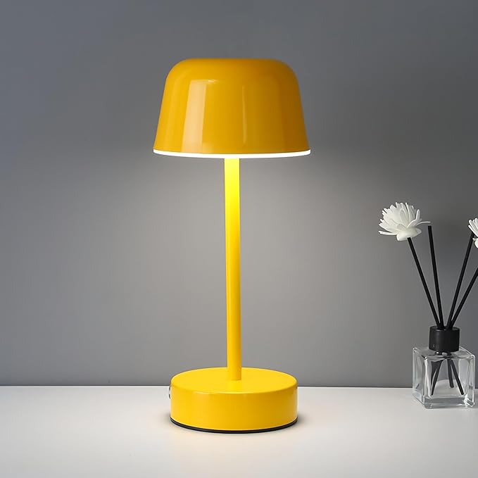 Rechargeable Table Lamp, Yellow Mushroom Table Lamp with USB Port, Battery Operated Touch Small Lamp for Nightstand, Bedside, Bedroom, Living Room, Dining Room