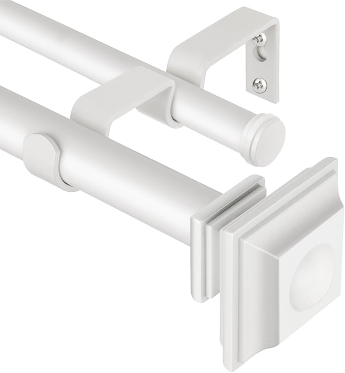 KAMANINA 1 Inch Double Curtain Rods 72 to 144 Inches (6-12 Feet) Adjustable Heavy Duty Drapery Rod for Windows 66 to 120, Square Ends, Ivory White