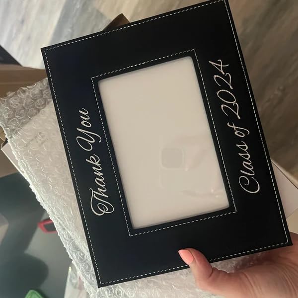 CustomGiftsNow Personalized Add Your Custom Text Engraved Leatherette Faux Leather Hanging/Tabletop Personalized Group Family Photo Picture Frame (Black, 4x6-inch Horizontal)