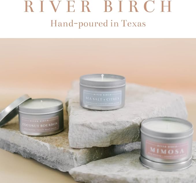 River Birch Premium All-Natural, Non-Toxic Soy Candle | 8 oz. Silver Tin Travel Candle | Cozy Relaxing Coconut Bourbon Scented Gifts for Home