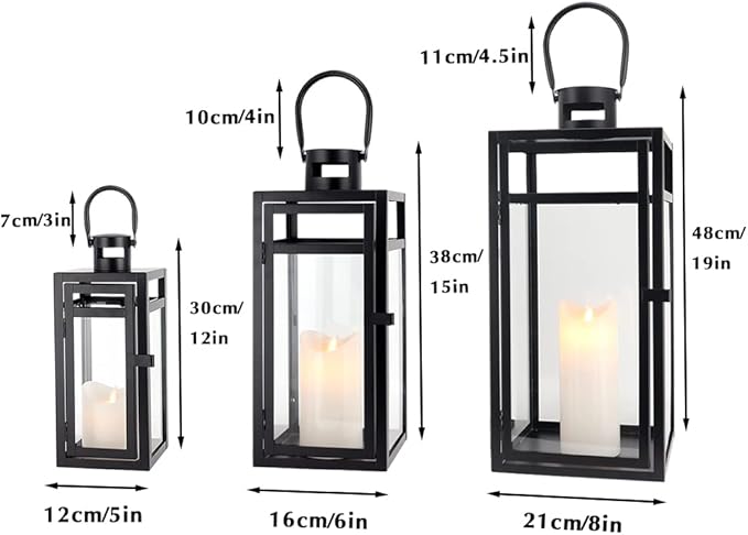 TRIROCKS Stainless Steel Lantern Set of 3 - Assorted Sizes (12/15/19 Inch) - Tall Metal Hanging Lanterns with Clear Glass Panels, Indoor & Outdoor Home Decor for Parties & Events - Black Finish