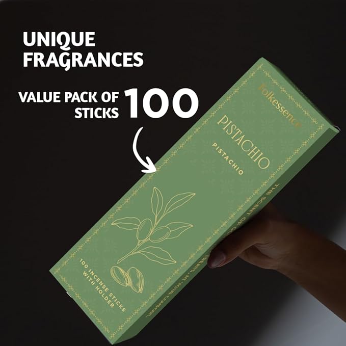 Folkulture Incense Sticks | Set of 100 Insence-Sticks with Holder for Relaxation | Pistachio Fragrance | Organic, Slow Burning & Non Toxic Inscents| Xmas Dessert Inspired for Women