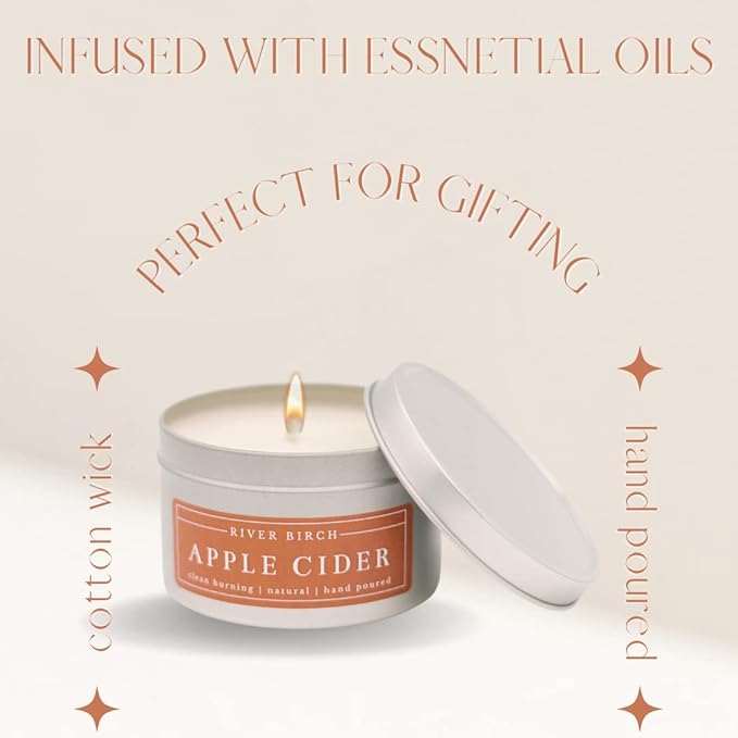 River Birch Candles Apple Cider Scented Candle | Premium, All-Natural, Non-Toxic, Soy Candles | 8 oz. Silver Tin Travel Candle | Cozy Relaxing Gifts for Home