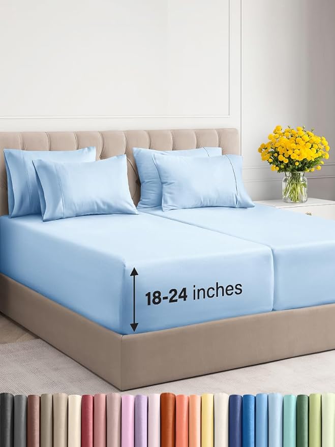 Extra Deep Split King Sheet Set - 7 Piece Breathable & Cooling Sheets - Hotel Luxury Bed Sheets Set - Easy Fit - Soft, Wrinkle Free & Comfy Sheets Set - Light Blue Sheet Set with Extra Deep Pockets