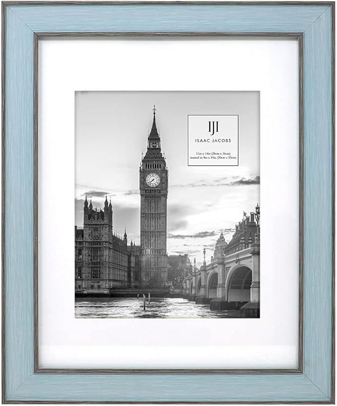 Isaac Jacobs 11x14 (Matted 8x10) Blue w/Brown (Vertical & Horizontal) Double Border Picture Frame, Wall-Mountable, Made for Photo Gallery and Wall Art, Home or Office (11x14, Blue W/Brown)