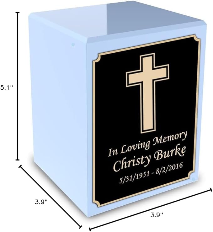GetUrns Custom Simple Cross Small Urn Box for Human Ashes I Personalized Wooden Keepsake Cremation Urn for Male or Female I Light Blue Memorial Box I 40lbs