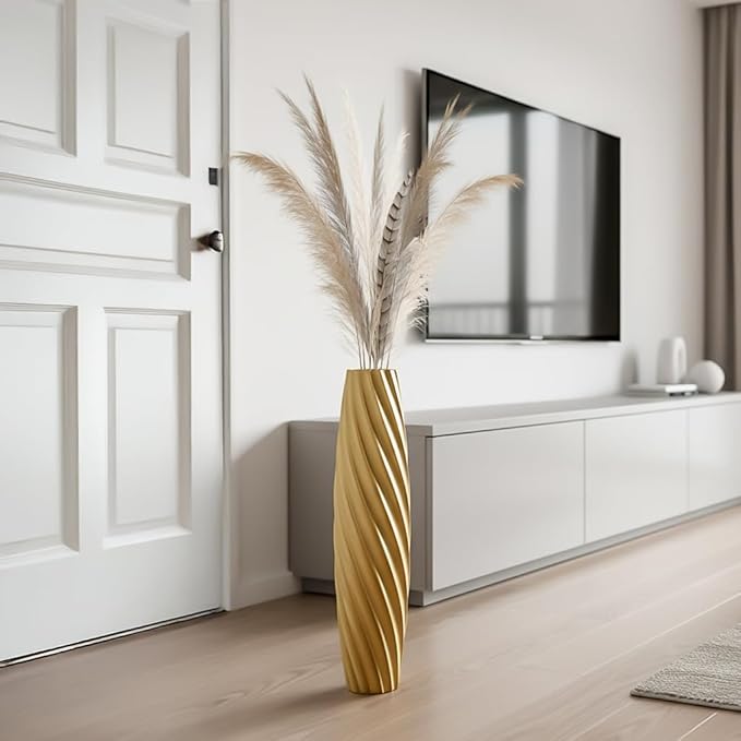Tall Floor Vase, 23.6 inches Tall Vases Sturdy, Luxury, Textured for Decorative Branches Dried Flowers, Floor Vase for Rustic, Living Room, Shelf Decor (Gold)