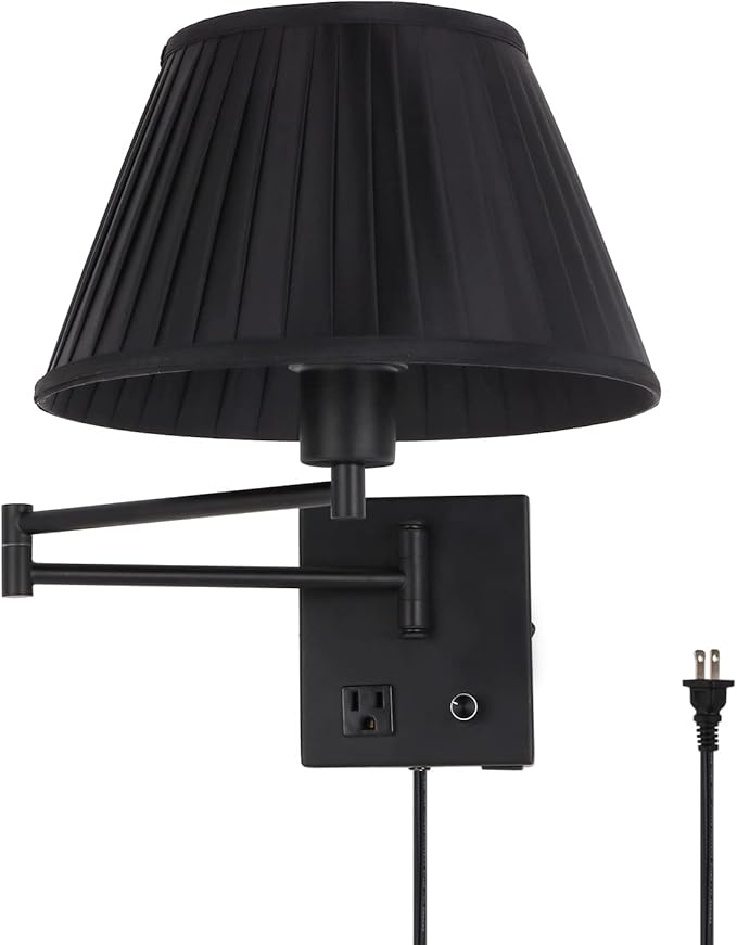 Plug in Wall Sconce 17" Swing Arm Wall Lamp with Plug in Cord and Dimmable Switch Black Sconces Lighting with USB Port and AC Outlet Wall Mounted Lamp Suitable for Bedroom Living Room Hallway.