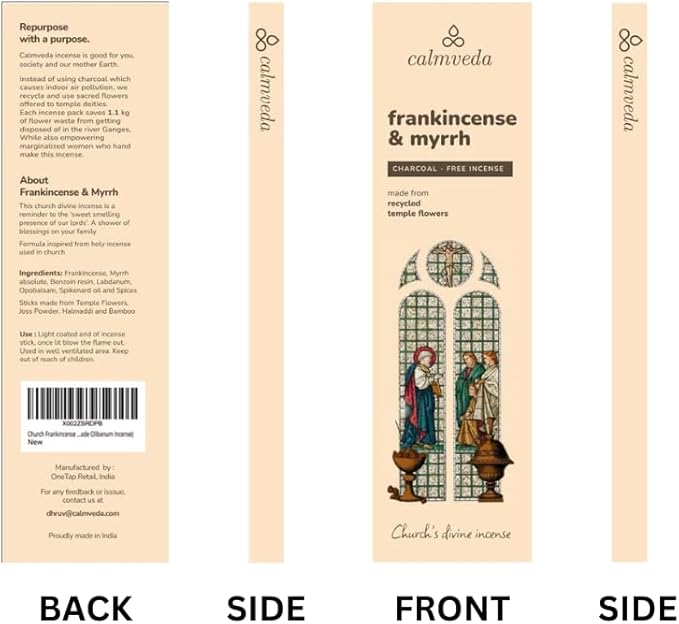 Church Frankincense and Myrrh Incense - 80 Sticks, Charcoal Free, Handmade from Upcycled Flowers, Spiritual Healing Incense
