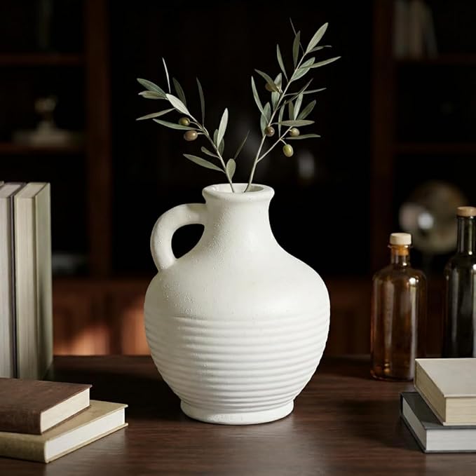 White Ceramic Vase, Rustic Farmhouse Vase with Handle, Pottery Vases for Flower, Farmhouse Decor, Centerpiece Table Decorations, 6 inch