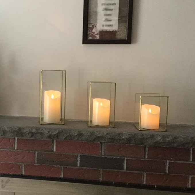Hewory Glass Hurricane Candle Holder Set of 3, Gold Large Hurricane Centerpiece for Table, Tall Floor Square Pillar Candle Holders Lantern Set for Wedding, Anniversary, Party, Fireplace, Dining Room