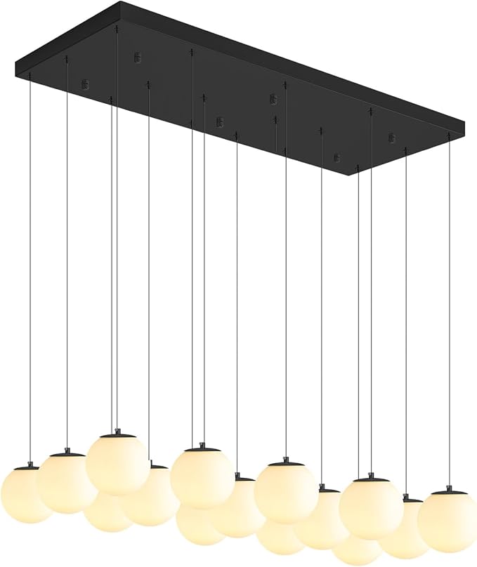 Modern Rectangular Chandelier,15 Lights White Globe Chandelier Lighting,Industrial Linear Pendant Light Fixture for Dining Living Room Kitchen Island