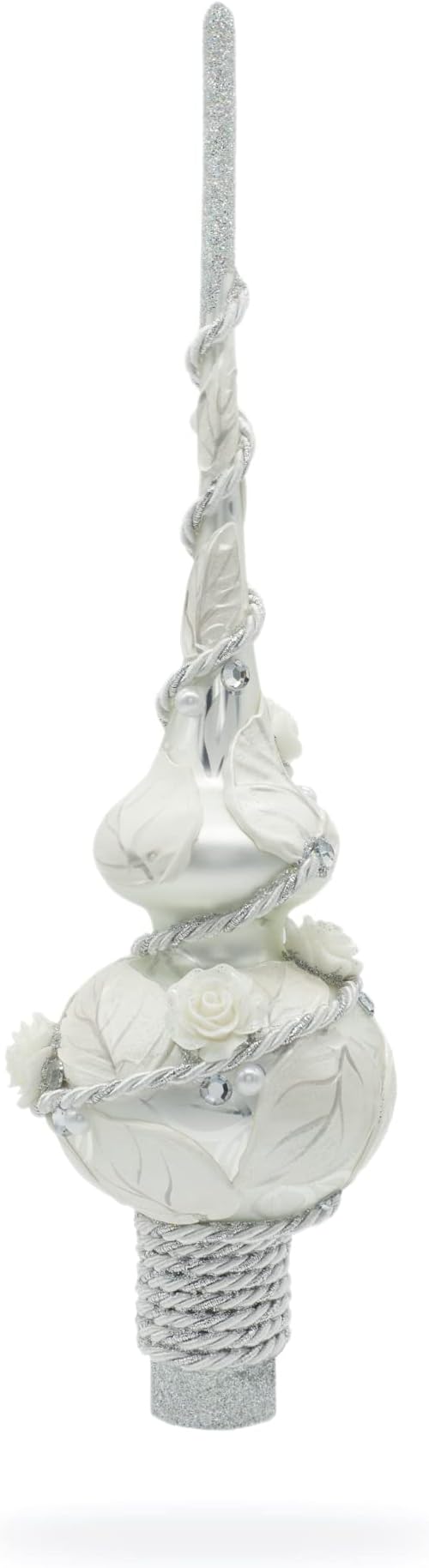 White Roses with Leaves on White Glass Christmas Tree Topper 11 Inches