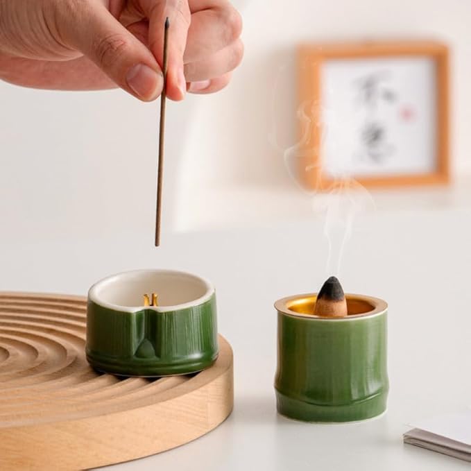 Incense Holder Modern Minimalist Circular Incense Stick Burner for Cones or Sticks for Yoga & Meditation, Enhance Atmosphere,Ceramic Ash Catcher Bamboo 2pcs