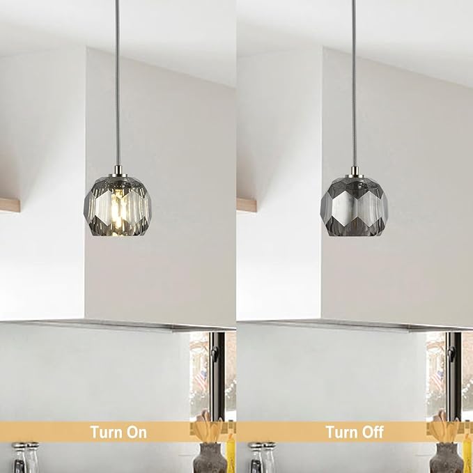 Brushed Nickel Pendant Light, Smoke Crystal Pendant Light Fixture for Kitchen Island, Modern Small Cut Crystal Single Hanging Light for Dining Room Bathroom