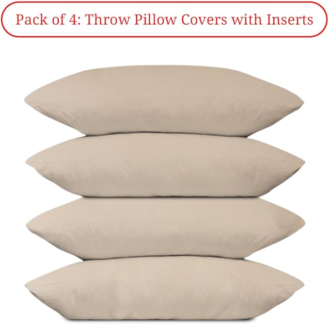 Covers & All Premium Square Throw Pillow Inserts with Covers Set of 4, 14 x 22 Inches Beige, Decorative Cushions for Couch Sofa Home Decor Office Travel UV Resistant Waterproof Soft Cushions Pillows