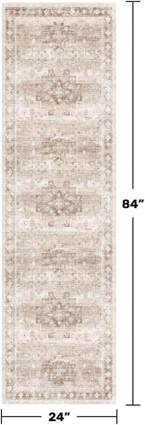 Boho 2x7 Long Runner, Neutral Farmhouse Hallway Rug, Small Throw Runners for Bedroom, Bathroom, Kitchen, Vintage Floral Decor & Non-Slip Low-Pile Washable Stain Resistant, Latte Beige