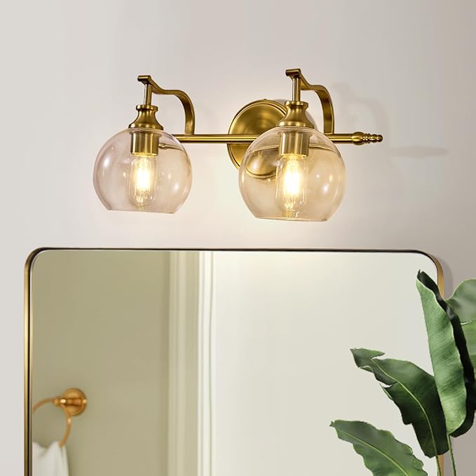 ANDY STAR Gold Bathroom Light Fixtures, 2-Light Brass Vanity Light, Modern Sconces with Globe Clear Lampshade, Farmhouse Bathroom Lighting Fixtures Over Mirror with Metal Lamp Body, E26 Base