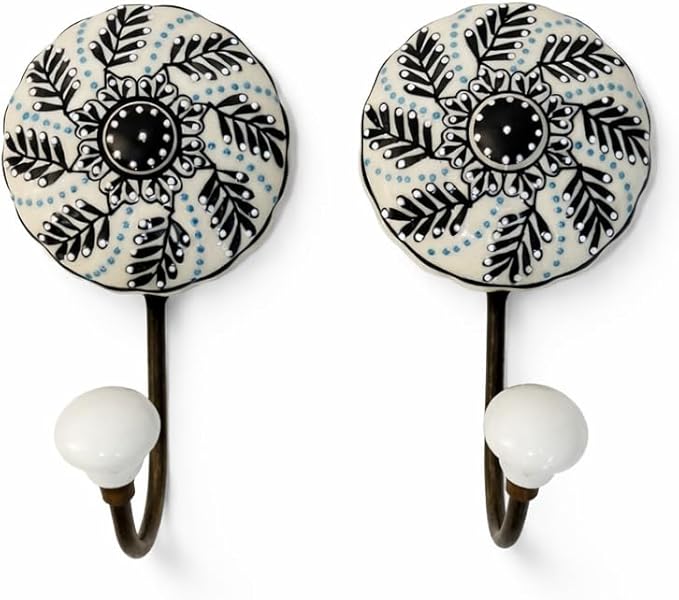 Ceramic Wall Hooks, Black with White Floral Pattern, 2-Pack Decorative Coat Hangers, 8 lb Capacity (6, White)