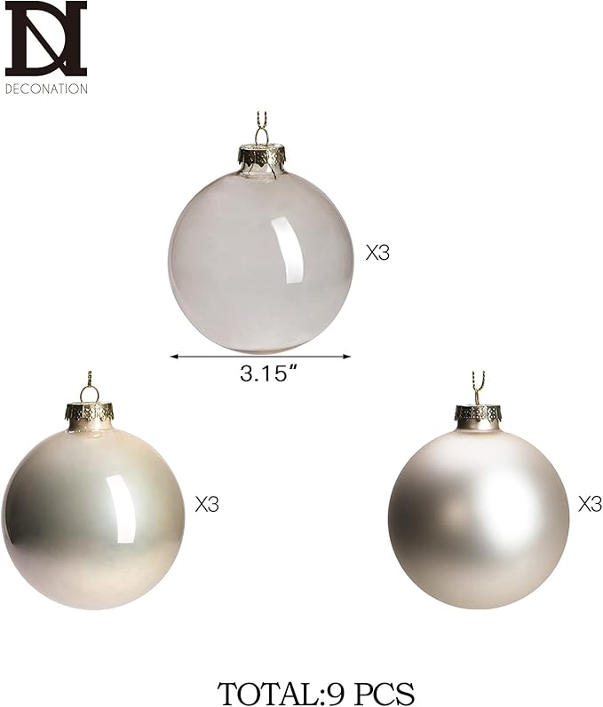 DN DECONATION Glass Christmas Hanging Ball Ornaments Set of 9, 3.15” Champagne Christmas Ornaments, Christmas Decorative Baubles for Xmas Tree Decoration, Holiday, Wedding Party Gift Decor