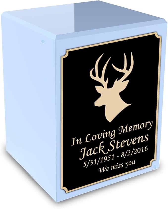 GetUrns Custom Deer Small Urn Box for Human Ashes I Personalized Wooden Keepsake Cremation Urn for Male or Female I Light Blue Memorial Box I 40lbs