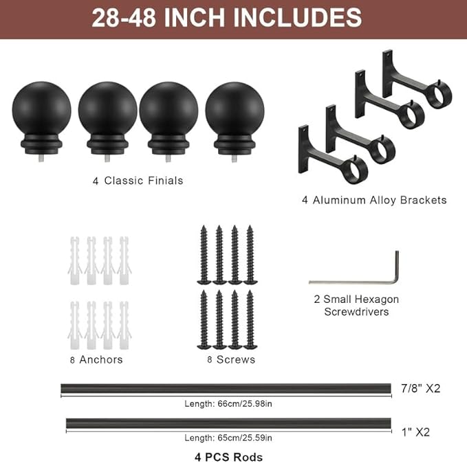 Matte Black Curtain Rods 28-48" - 2 Pack Heavy Duty 1 Inch Diameter Single Rods with Ball Finials, Adjustable for Windows