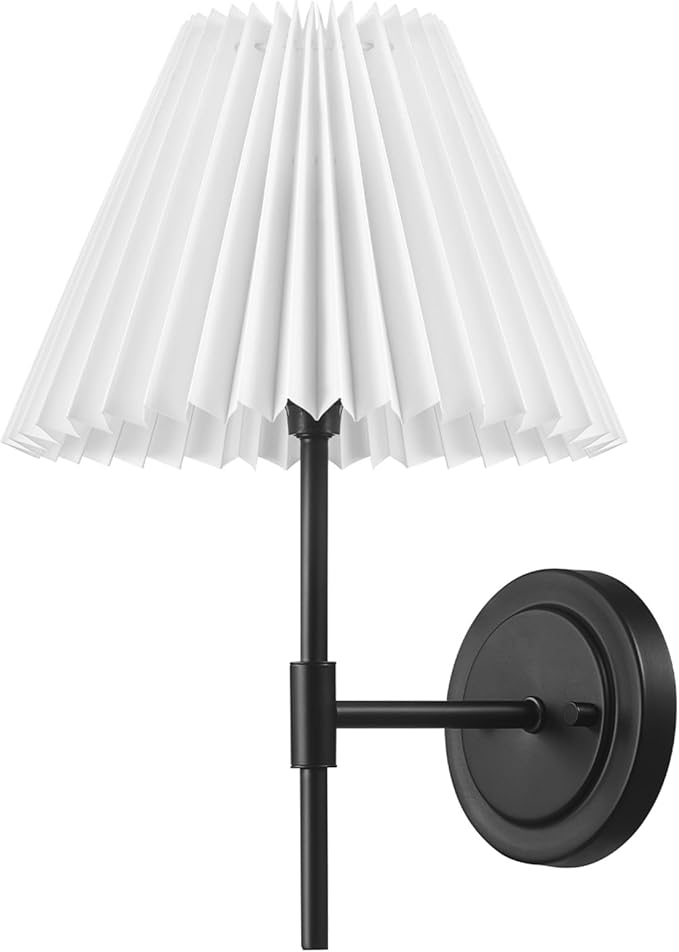GLOBE Electric 1-Light Wall Sconce, Matte Black, White Pleated Fabric Shade, E12 Base Socket, Candelabra Bulb, Living Room Lighting, Home Essentials, Décor, Bedroom, Mounted Bedside Lamp