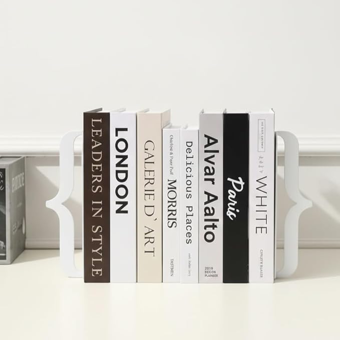 Decorative Bookends for Shelves - Modern Bracket Shaped Metal Book Ends for Home Office Decor, Unique Minimalist Desk Accessories & Gift (White)