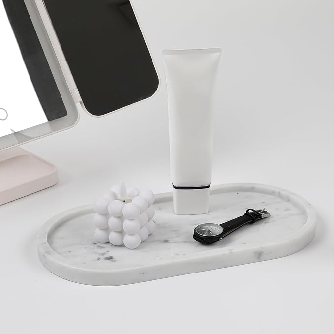 Carrara White Marble Tray, 2 Pcs, Marble Vcnity Tray, Bathroom, Decor for Trinket Perfume Jewelry Candle, 12 Inch Oval