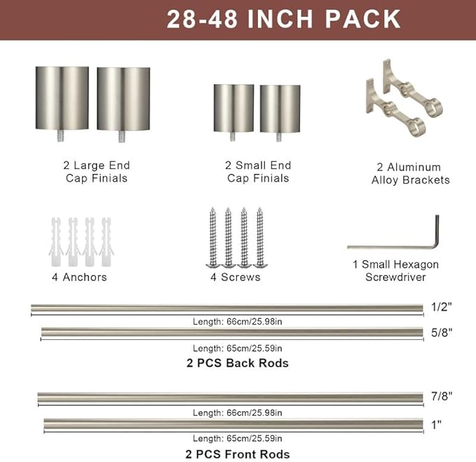 Brushed Nickel Double Curtain Rods 28-48", Decorative Double Window Curtain Rod with Cap Finials, 1 Inch Front and 5/8 Inch Back Heavy Duty Double Window Rods, Adjustable Dual Drapery Rod