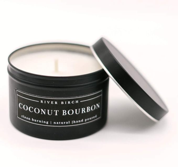 River Birch Candles Coconut Bourbon Scented Candle | Premium, All-Natural, Non-Toxic, Soy Candles | 8 oz. Black Matte Tin Travel Candle | Cozy Relaxing Gifts for Home