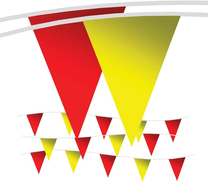 Pennant Flags - OSHA 500lb Rated Safety Rooftop Flagging Barrier Traffic - 105ft Strand Fade Resistant (Red/Yellow, 12"x18"x105ft)