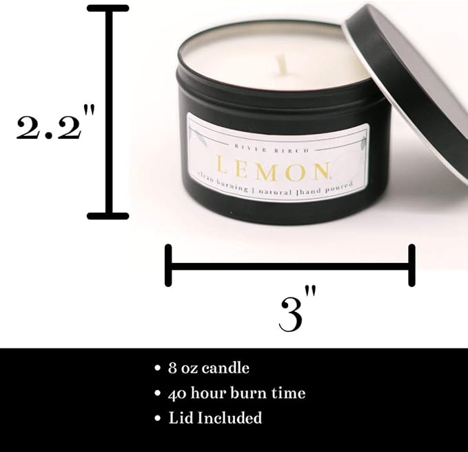 River Birch Premium Lemon Scented Soy Candles - 2-Pack, Two 8 oz. Black Matte Tin Travel Candles