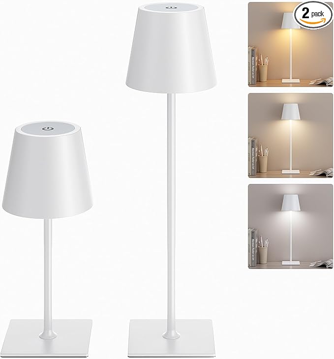 Kakanuo White Gold Cordless Rechargeable Table Lamp 5000mAh Battery Operated Lamps, 3 Colors Stepless Dimming Touch Lamp for Living Room, Kitchen Counter, Dining, Outdoor Patio, 2 Pack