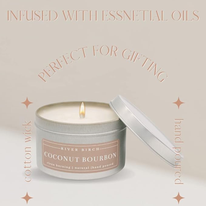 River Birch Premium All-Natural, Non-Toxic Soy Candle | 8 oz. Silver Tin Travel Candle | Cozy Relaxing Coconut Bourbon Scented Gifts for Home