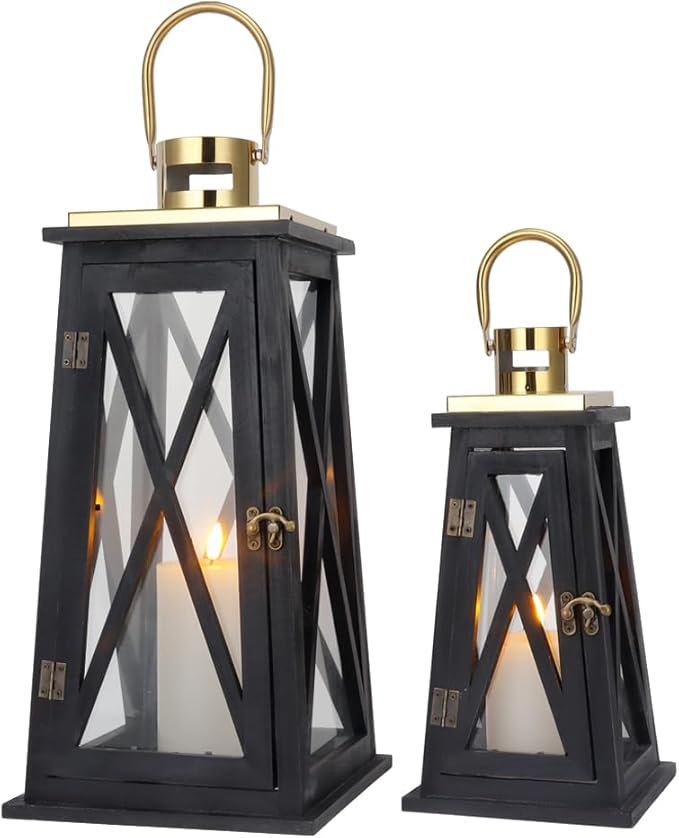 TRIROCKS Set of 2 Farmhouse Wood Candle Lantern 22'' &15.5'' H Decorative Candle Holders with Tempered Glass Rustic Hanging Lantern for Garden Patio Wedding Parties Indoor Outdoor(Black Trapezoid)