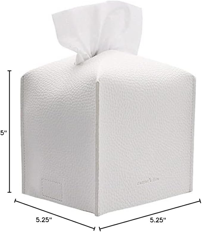 Tissue Box Cover Holder, Square with Bottom Belt by Carrot's Den - PU Leather Decorative Organizer for Tabletop, Bathroom, Car, Office | Pure White