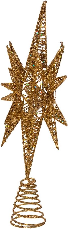 Kurt Adler Un-Lit Gold Glitter Wire 3D Star Treetop, 16.5-inch Length, Gold-Tone, Metal, Holiday Decor