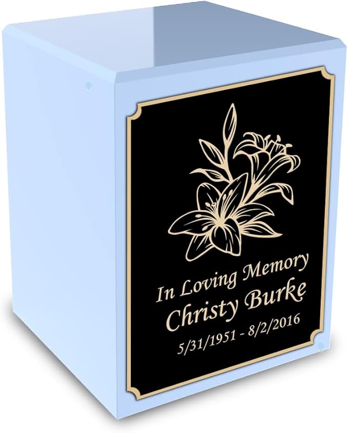 GetUrns Custom Lily Small Urn Box for Human Ashes I Personalized Wooden Keepsake Cremation Urn for Male or Female I Light Blue Memorial Box I 40lbs