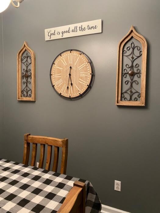 MODE HOME Large Farmhouse Wall Clock, 24 Inch Rustic Wooden Wall Clock Decorative with Metal Circle and Engraved Numerals, Silent Battery Operated for Kitchen Bedroom Living Room Fireplace Mantel