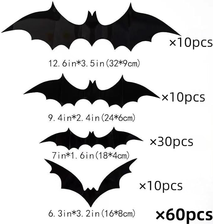 Halloween Decorations Scary Bat Wall Stickers Decor Supply Black Bats Wall Wall Decor for Fireplace Ceiling Kitchen Bedroom Living Room Décor 60 Pcs Bat Wall Stickers Decals Halloween Party Supplies