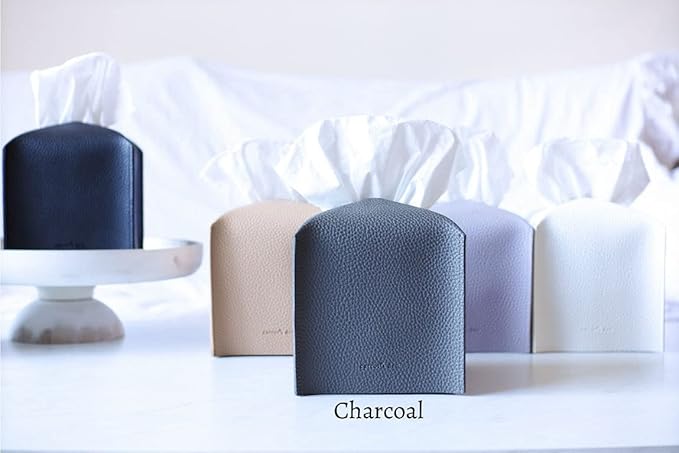 Tissue Box Cover Holder, Square with Bottom Belt by Carrot's Den - PU Leather Decorative Organizer for Tabletop, Bathroom, Car, Office | Charcoal