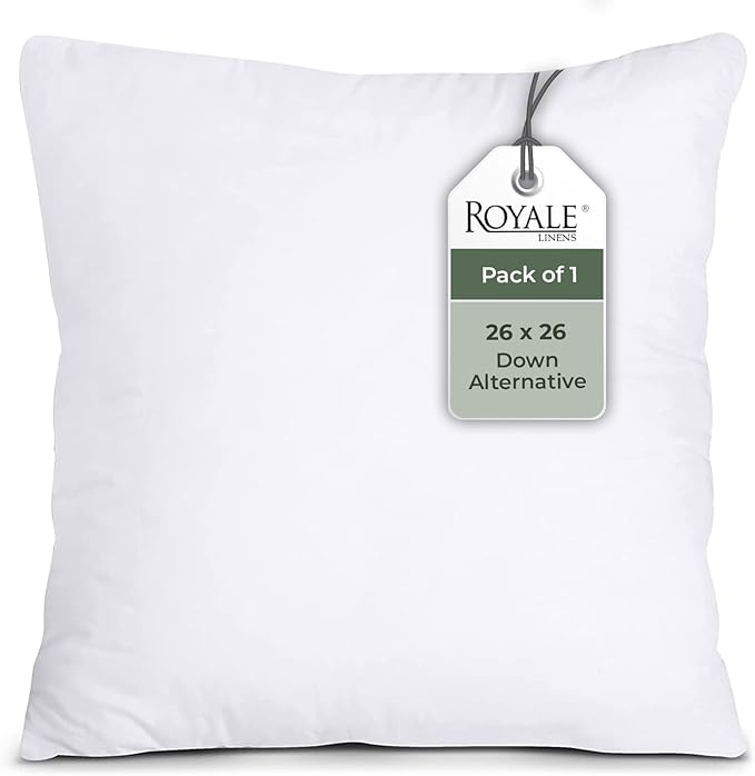 ROYALE LINENS 26 X 26 Pillow Insert - Down Alternative Throw Pillows Insert - Square Pillow Pack of 1 White - Bed & Couch Pillows - Inner Cushion for Bed, Cushion for Living Room - Shams Stuffer
