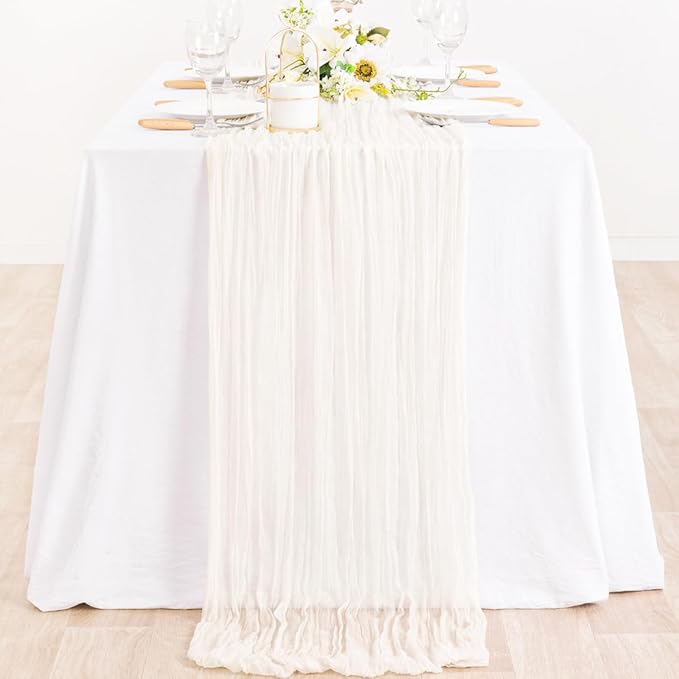 MLMC Ivory White Table Runner Rustic Gauze Cheesecloth Valentines Table Runner 10ft Cheese Cloth Centerpiece Decor 35x120 Inches for Dessert Anniversary Wedding Bridal Baby Shower Decor