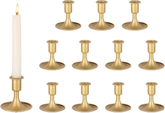 Candlestick Holders Taper Candle Holder 12Pcs Brass Gold Metal Vintage Short Stick Holders Set for Home Dinning Table Wedding Centerpiece Holiday Party Chrismas Mantel Holiday Dinner Base Widening
