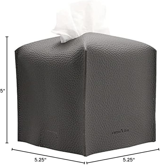 Tissue Box Cover Holder, Square with Bottom Belt by Carrot's Den - PU Leather Decorative Organizer for Tabletop, Bathroom, Car, Office | Charcoal