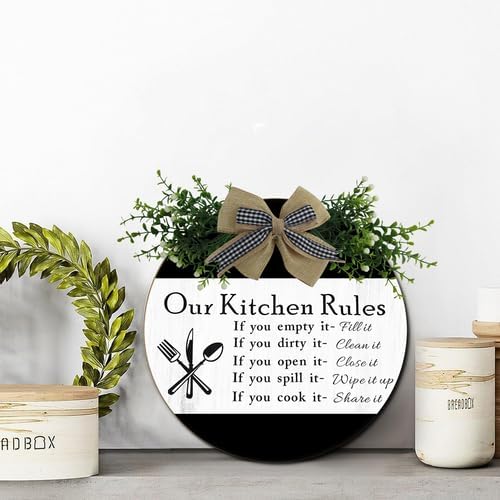 Wooden Our Kitchen Rules Sign 12inch, Rustic Wood Kitchen Hanging Decoration, Cute Eat Decoration for Kitchen Home Dining Room Cafe Restaurant