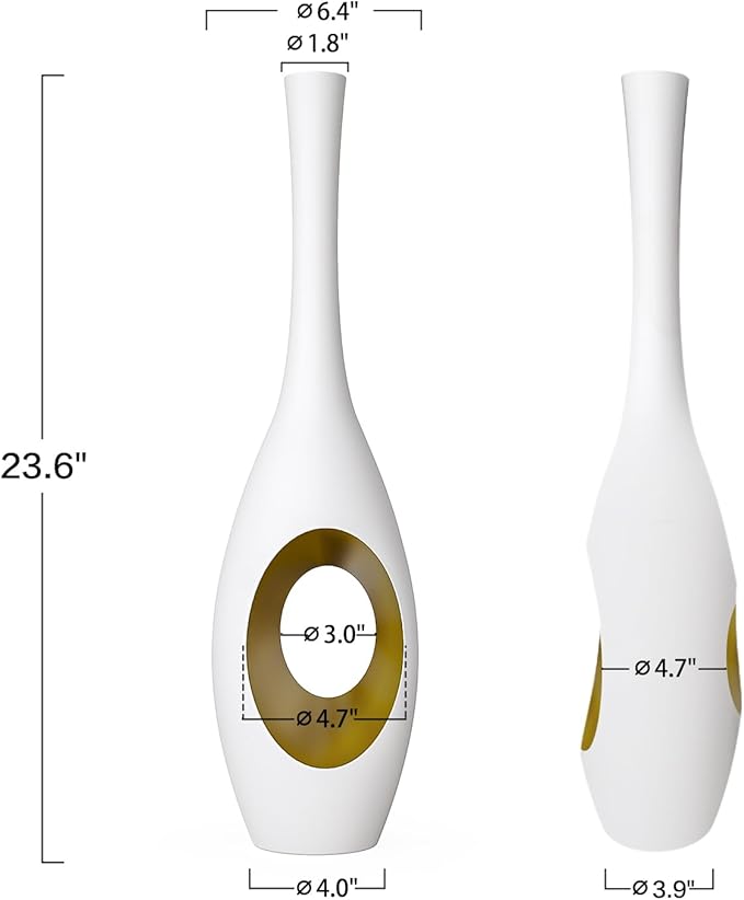 23.6 Inch White Vases – Modern Oval Floor Vase with Gold Cutouts & Slim Neck, Luxury Decorative Tall Vases for Living Room, Wedding, Office Decor – Resin Tall Floor Vase
