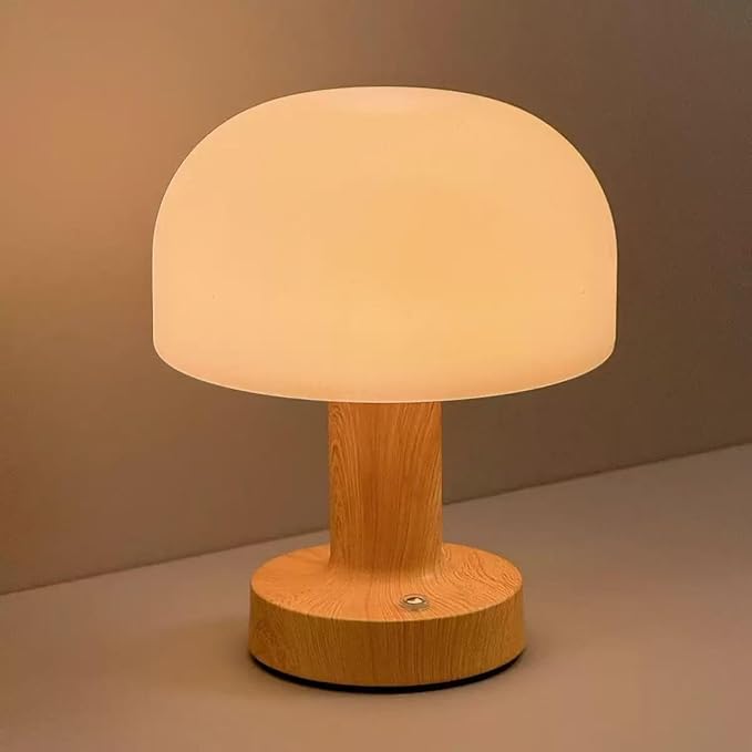 Mushroom Operated Table Lamp 3000mAh Cordless Rechargeable, Touch Dimmable Desk Lamp, LED Night Light for Patio Camping Restaurant Home, H7.3in, Wood Grain